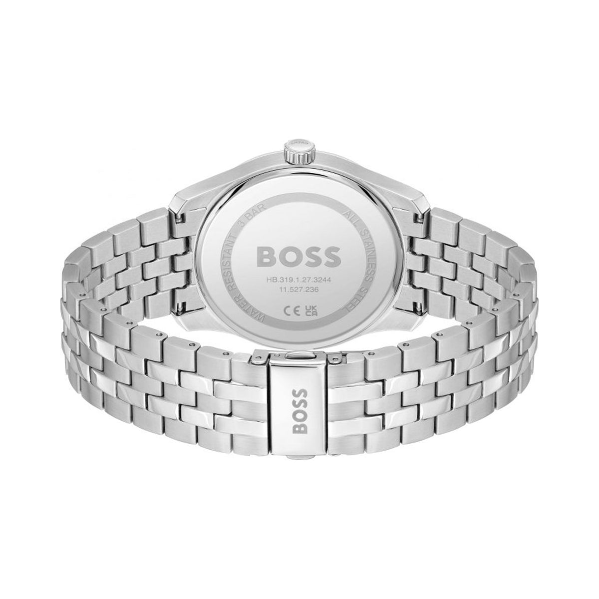 Close-up back view of the Boss Principle watch showcasing the stainless steel bracelet and case details.