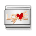 Nomination charm featuring "LOVE" with a heart pierced by an arrow; Valentine's Day jewelry link.