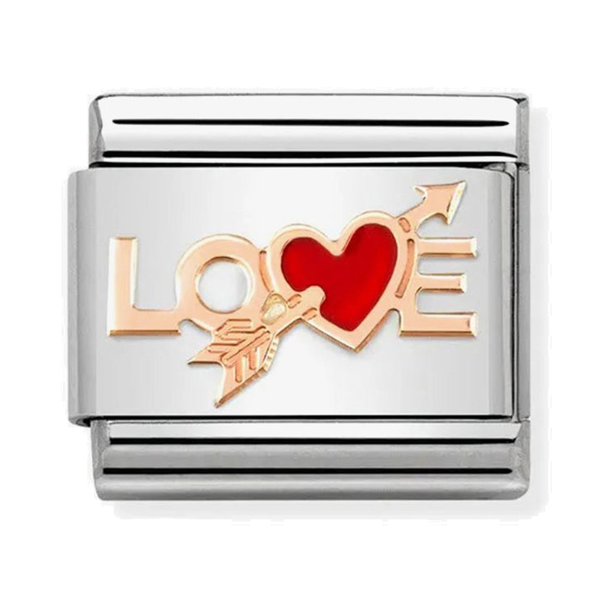 Nomination charm featuring "LOVE" with a heart pierced by an arrow; Valentine's Day jewelry link.