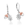 Clogau Royal Oak Leaf earrings. Detailed silver oak leaf and rose gold acorn charms hang from lever-back earring closures.