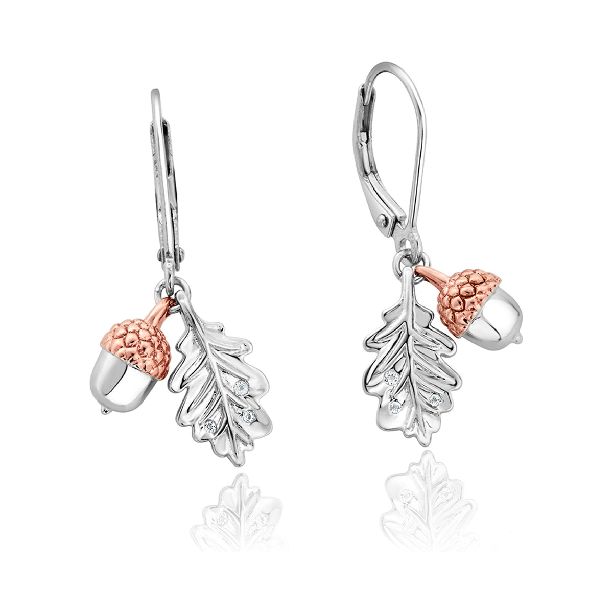 Clogau Royal Oak Leaf earrings. Detailed silver oak leaf and rose gold acorn charms hang from lever-back earring closures.