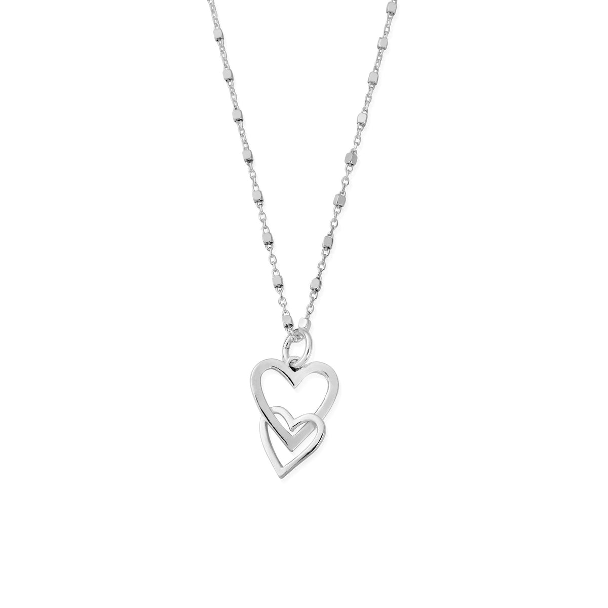 Sterling silver ChloBo interlocking heart necklace. A symbol of love and connection, crafted in 925 sterling silver.