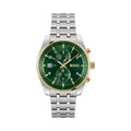 BOSS Skytraveller watch displaying its green dial, gold accents, stainless steel bracelet, and chronograph features.