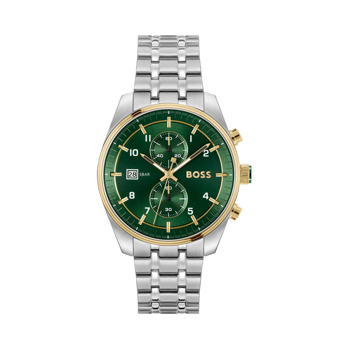 BOSS Skytraveller watch displaying its green dial, gold accents, stainless steel bracelet, and chronograph features.