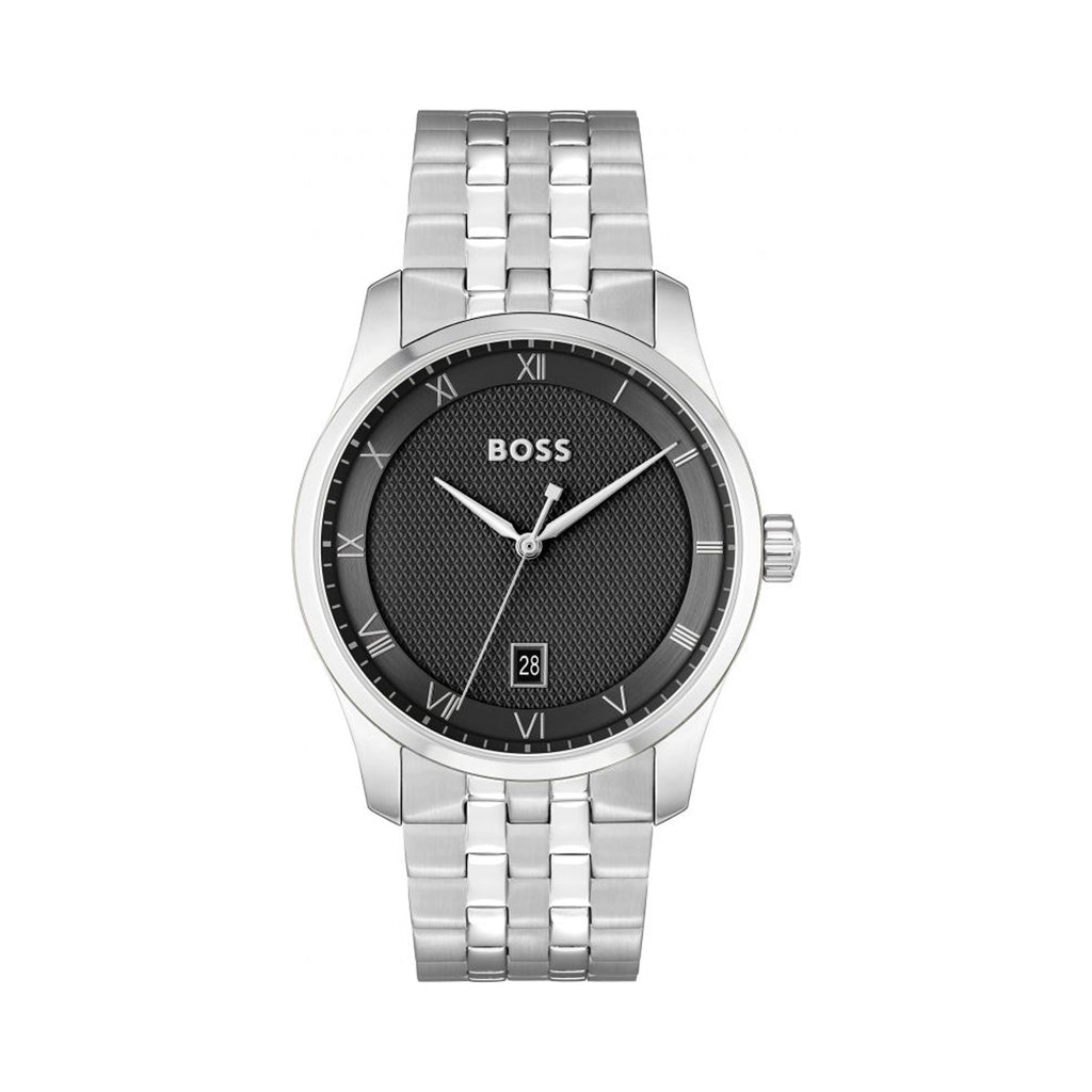 Boss watch showcasing its black textured dial, stainless steel bracelet, and date display. Modern luxury timepiece.