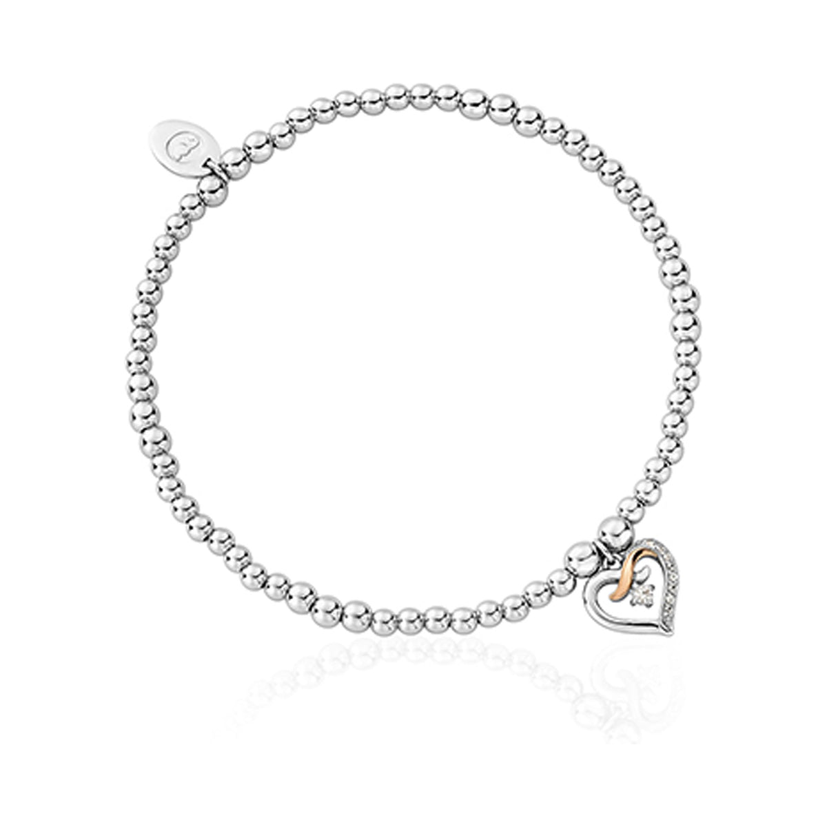 Sterling silver Clogau Kiss Affinity bracelet with CZ stones, showcasing its delicate heart charm.