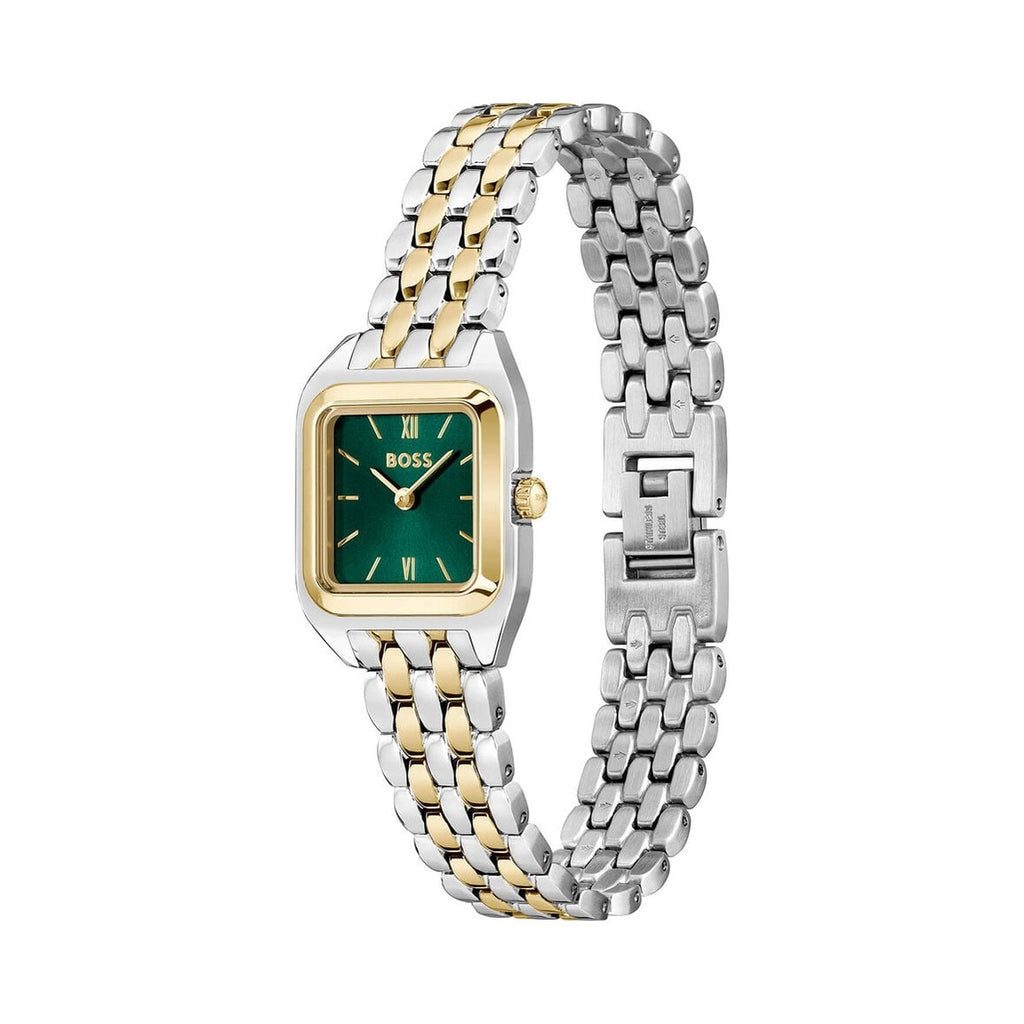 Two-tone women's watch with a green face.
