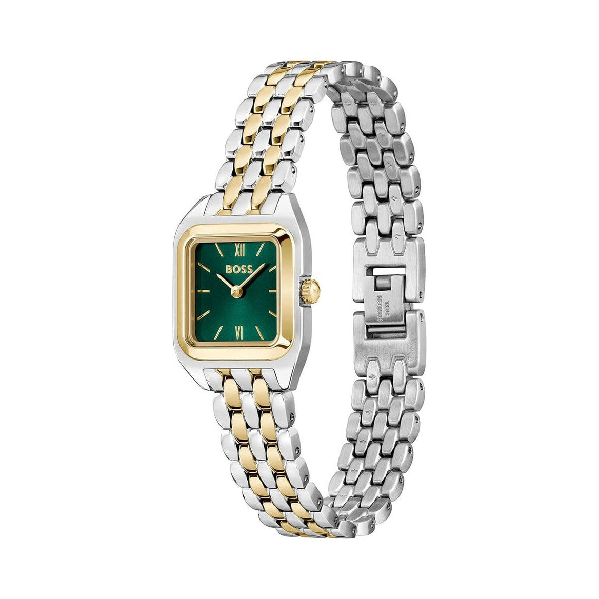 Two-tone women's watch with a green face.
