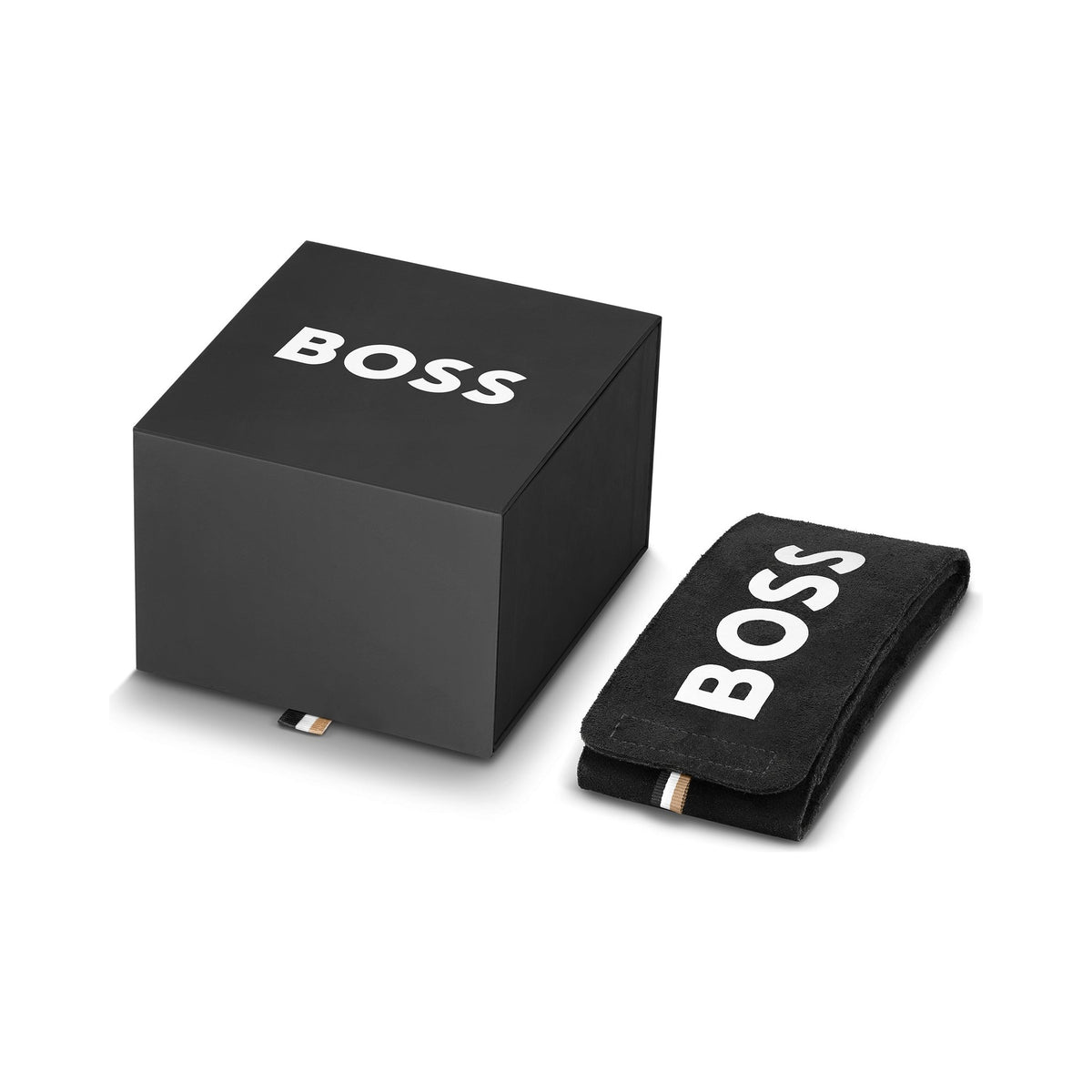 Black box and towel with white "BOSS" text.