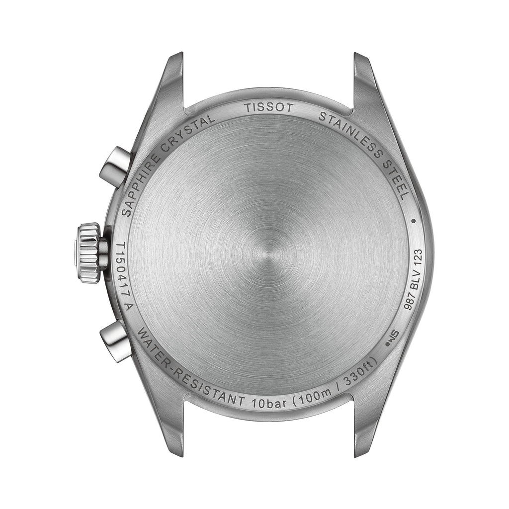 Close-up of the Tissot PR100 watch caseback showing model number T150417A and 100m water resistance.