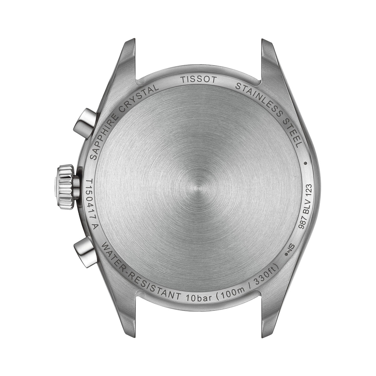 Close-up of the Tissot PR100 watch caseback showing model number T150417A and 100m water resistance.