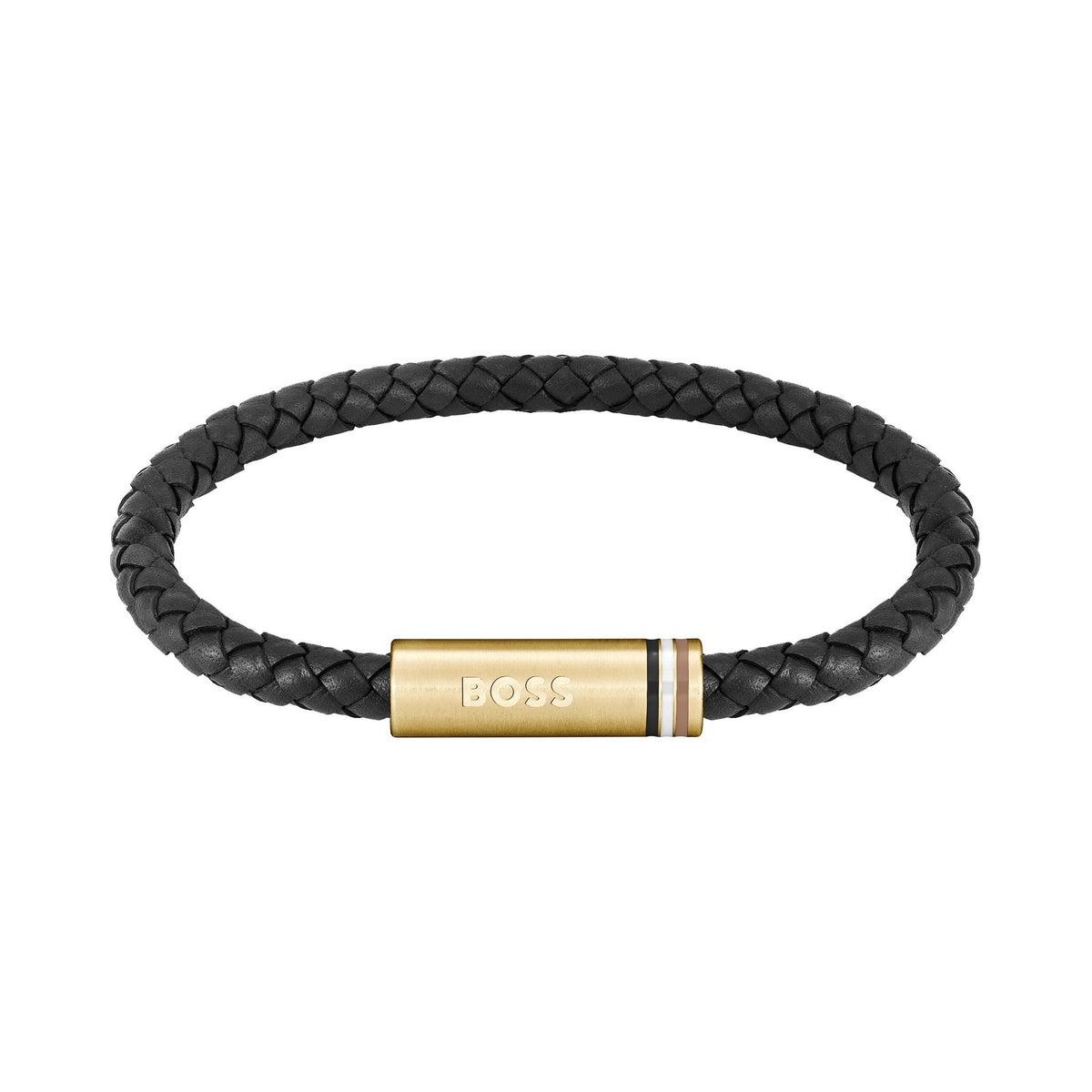 Mens BOSS Ares black braided leather bracelet with gold-plated BOSS logo detail, stylish wrist accessory.