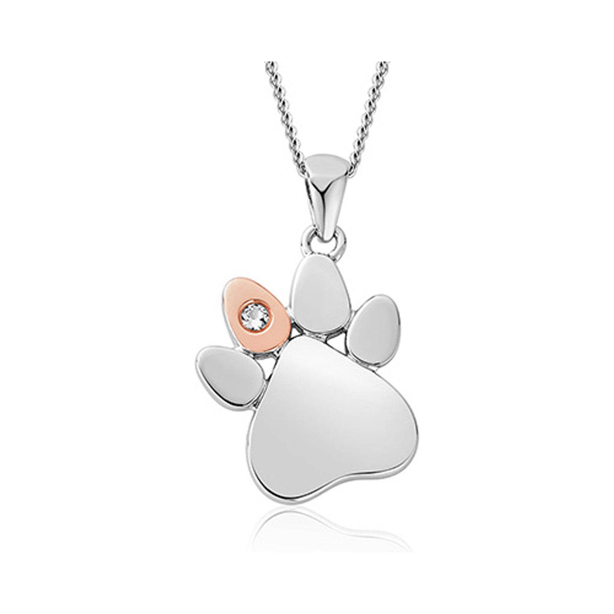 Sterling silver & rose gold Clogau paw prints pendant with white topaz. Jewelry symbolizing love for pets.