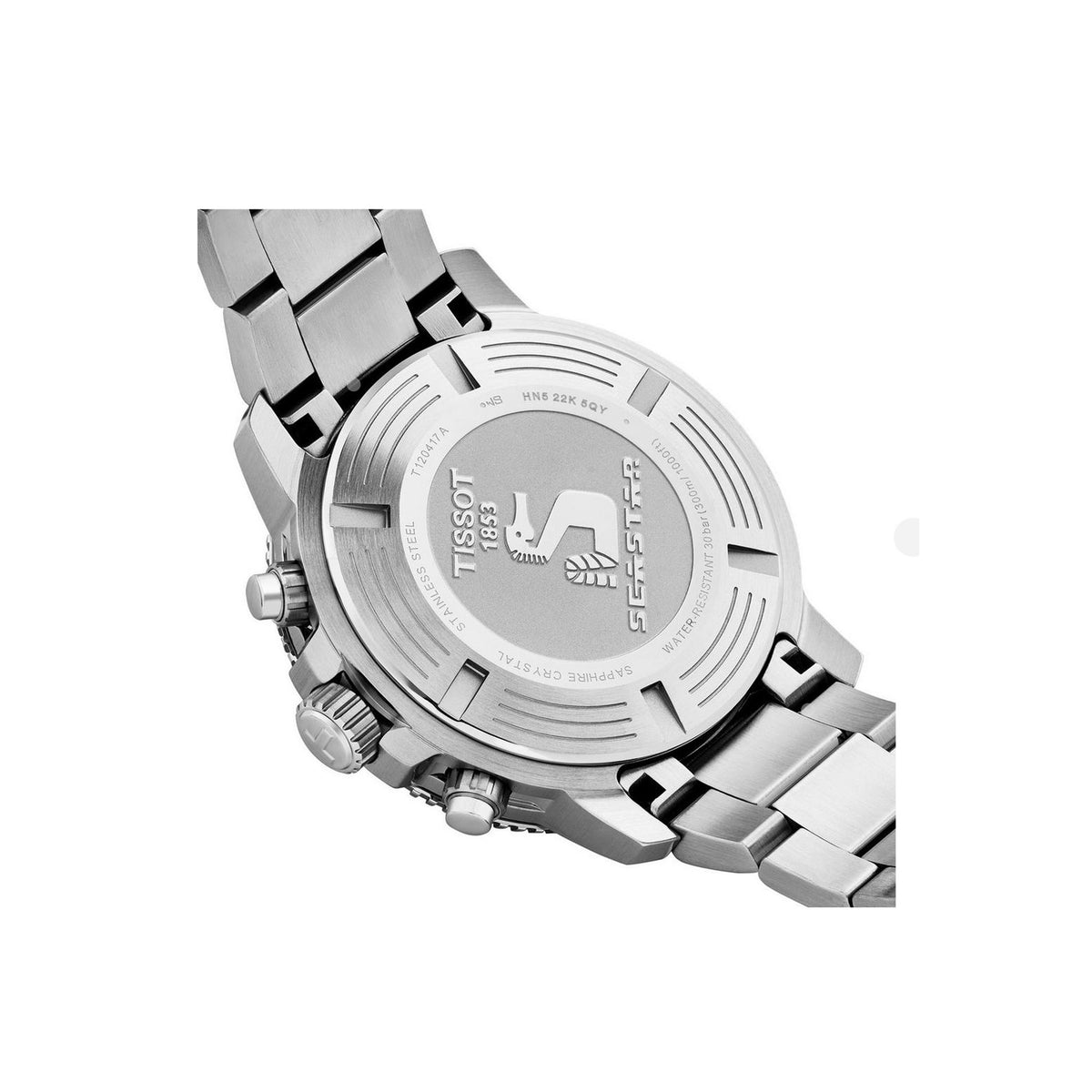Tissot Seastar 1000 watch caseback detail showcasing the Seastar logo, water resistance rating, and model number T120417A.
