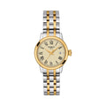 Tissot Dream ladies watch featuring a gold-plated bezel, ivory dial with Roman numerals, and a two-tone bracelet.