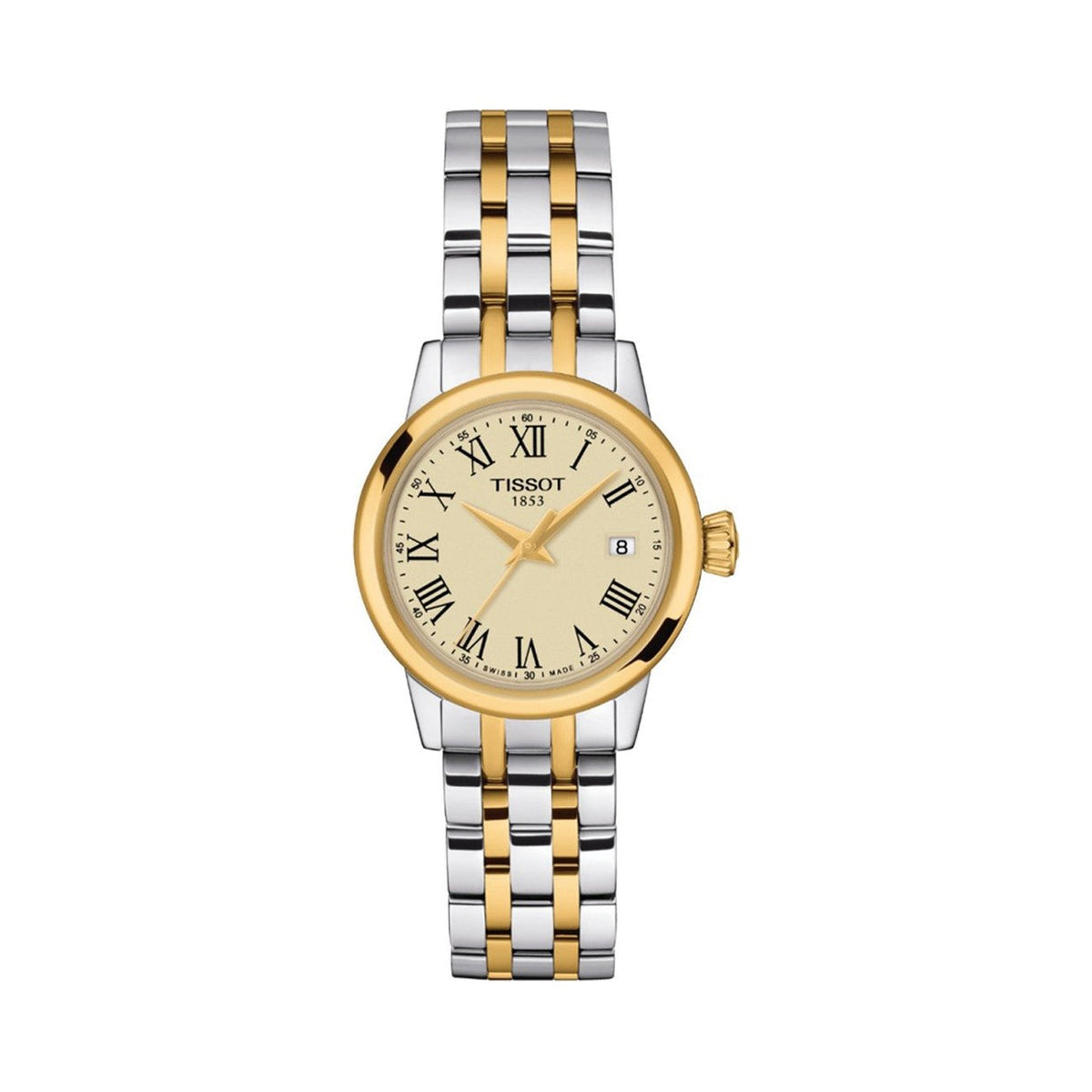 Tissot Dream ladies watch featuring a gold-plated bezel, ivory dial with Roman numerals, and a two-tone bracelet.