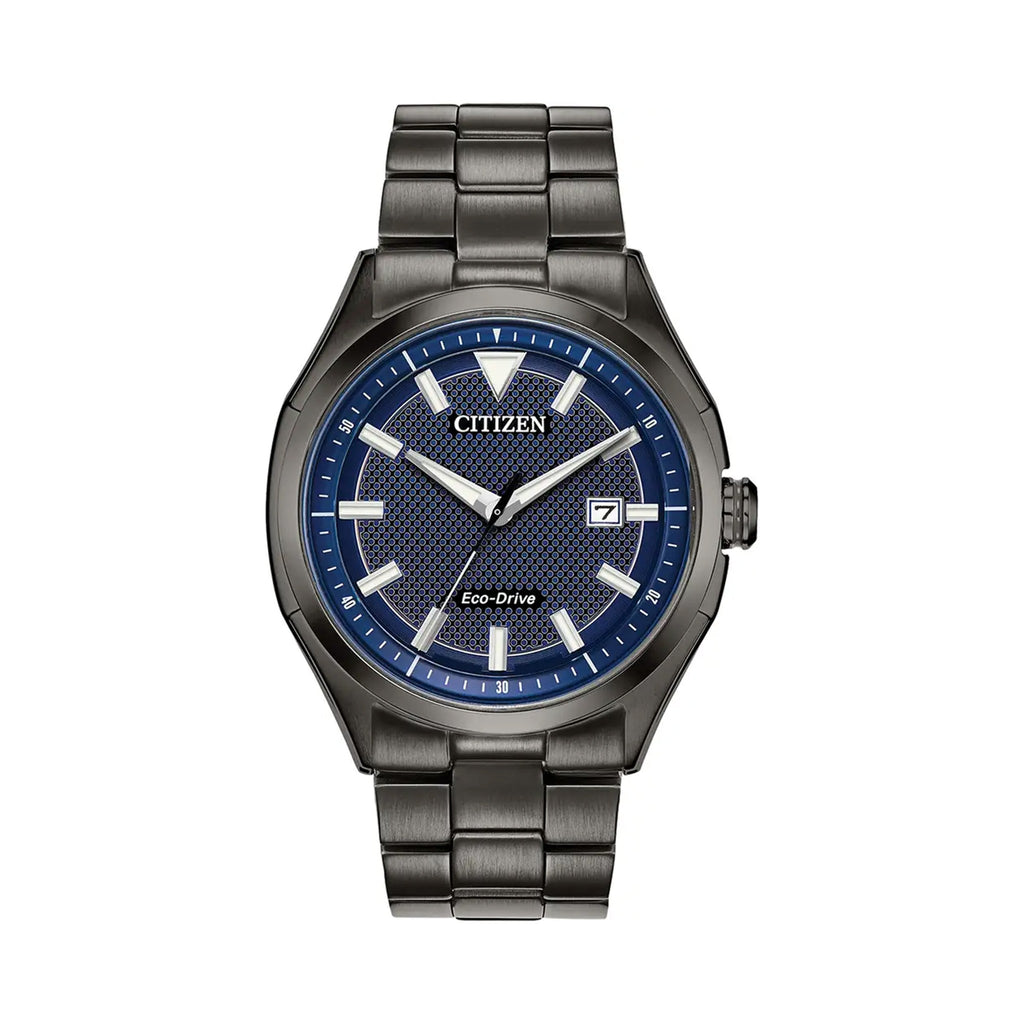 Citizen Eco-Drive watch displaying date; men's wrist watch with blue patterned dial and metal bracelet.