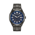 Citizen Eco-Drive watch displaying date; men's wrist watch with blue patterned dial and metal bracelet.