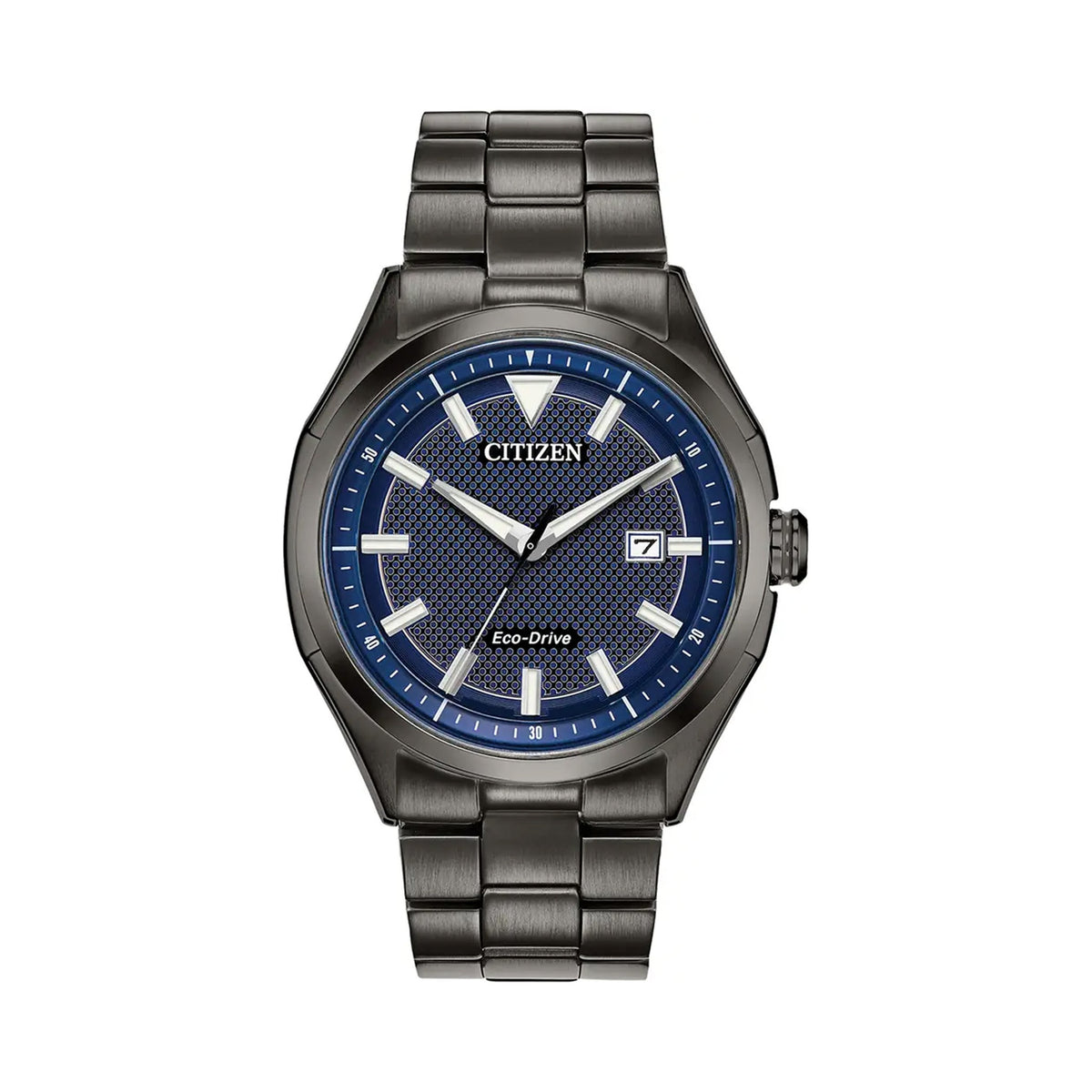 Citizen Eco-Drive watch displaying date; men's wrist watch with blue patterned dial and metal bracelet.