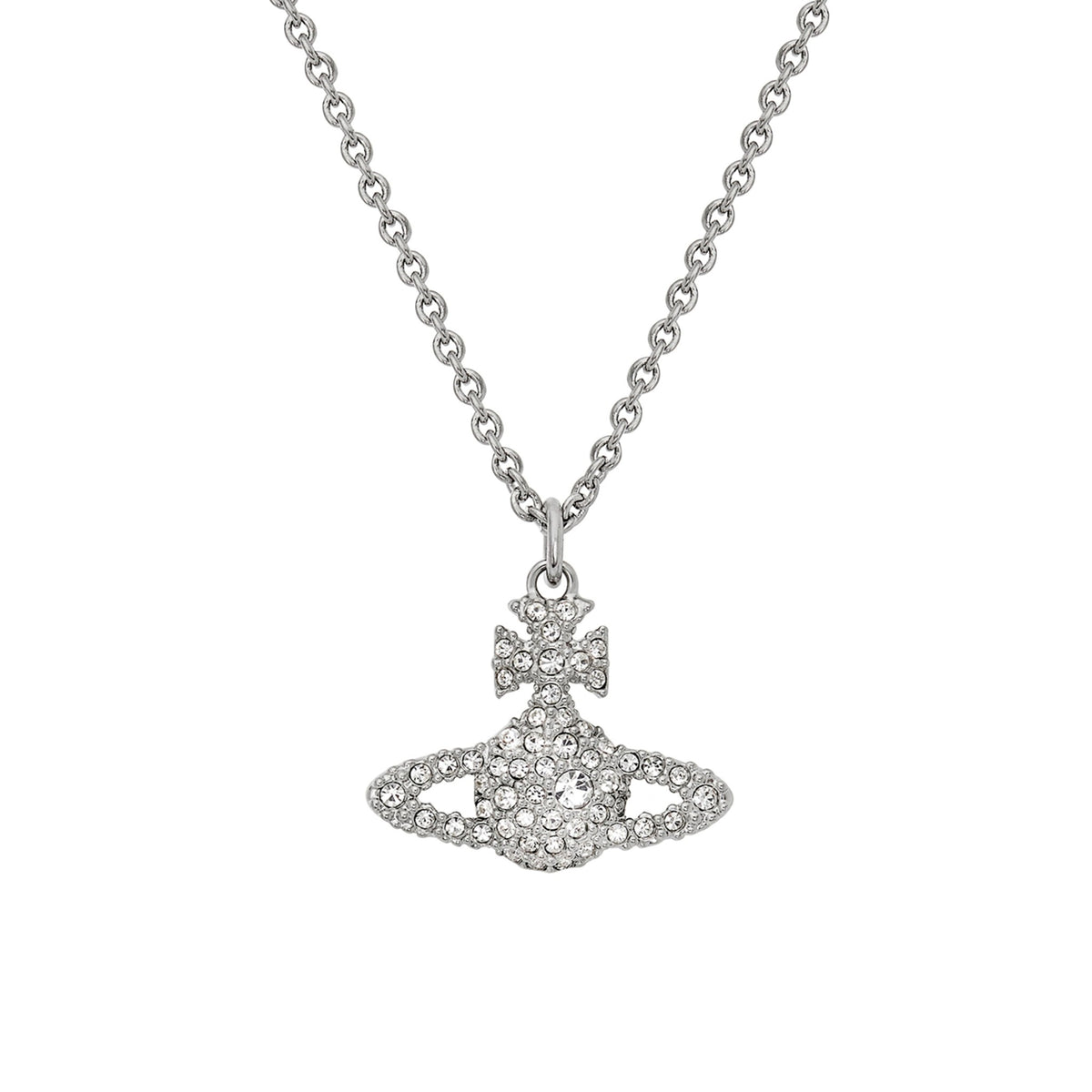 The Vivienne Westwood Grace Bas Relief Crystal Pendant-Platinum Plated, a platinum plated necklace from Vivienne Westwood, available at OD’s Jewellers in St Helens.