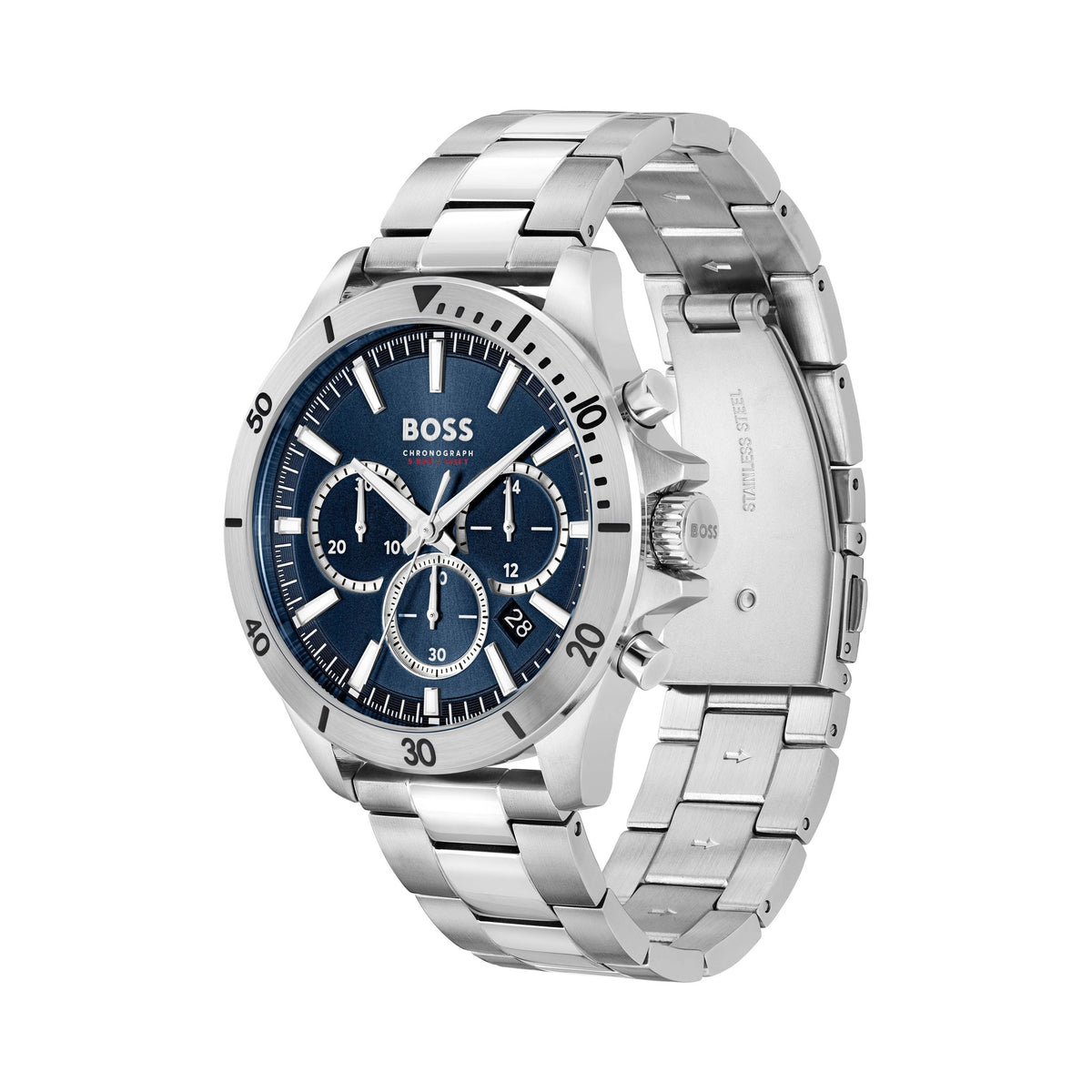 Close-up of the BOSS Troper chronograph watch in blue, showcasing its stainless steel bracelet and dial details.