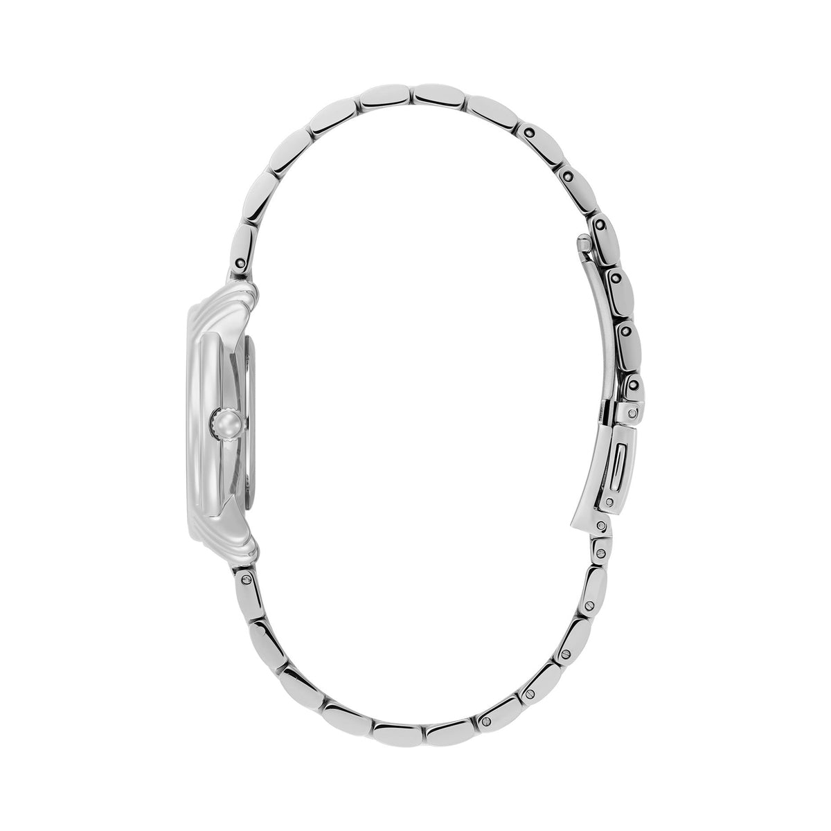 Side view of a silver wristwatch.

