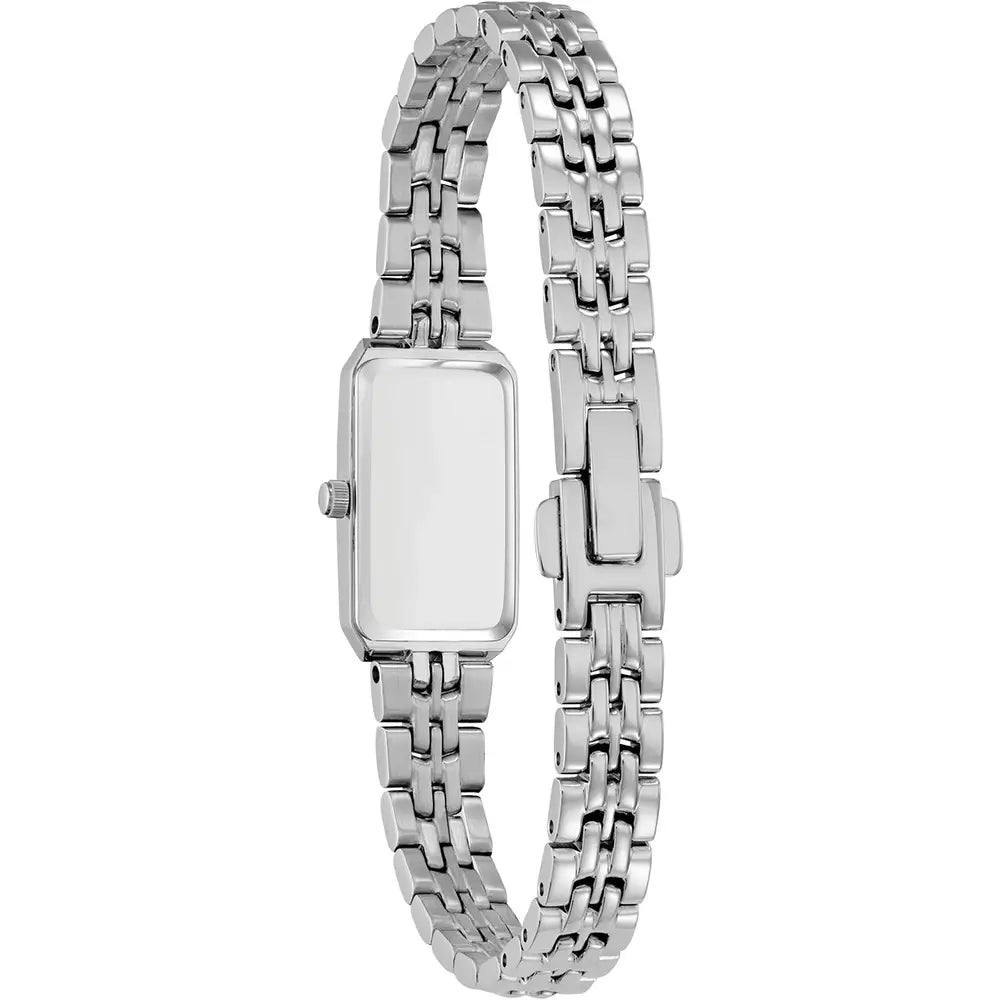 Back view of a silver-tone women's wristwatch with a metal link bracelet.
