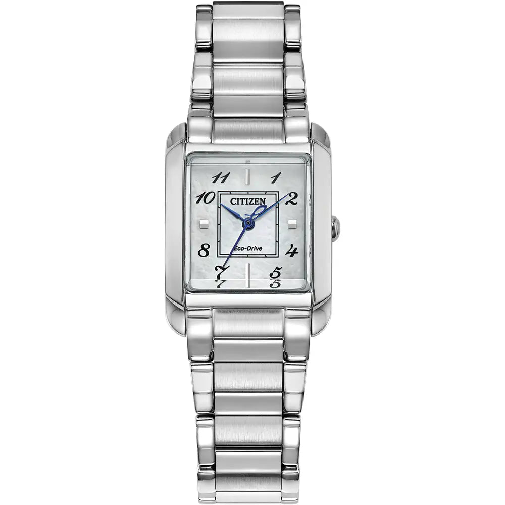 Silver Citizen Eco-Drive wristwatch.
