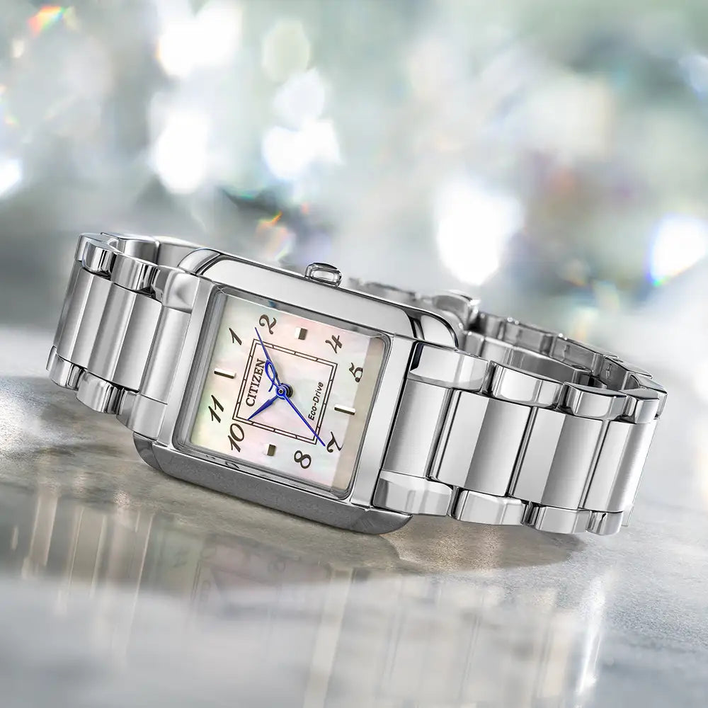 Silver Citizen watch with a mother-of-pearl face.

