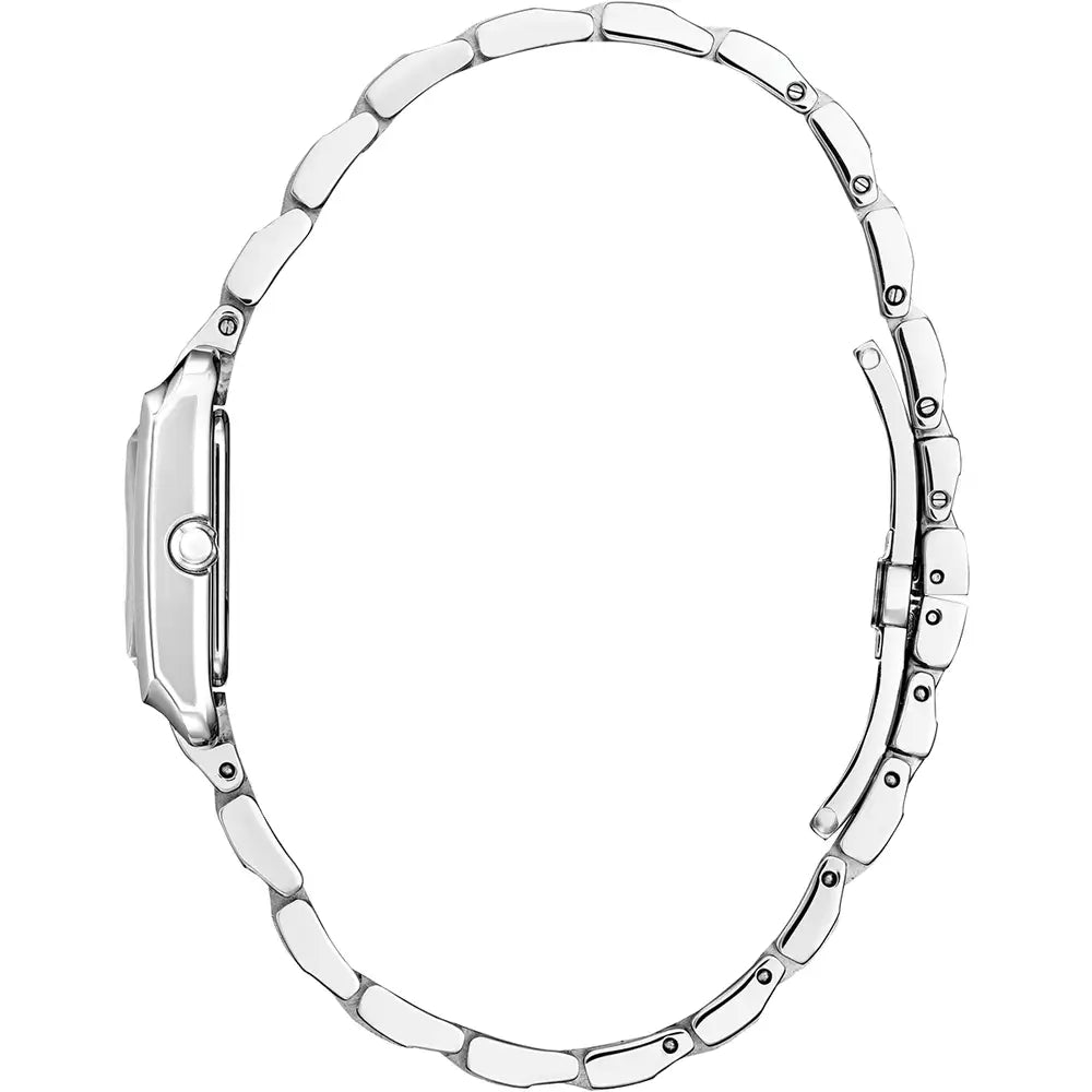 Silver watch with a metal band, open clasp, and a rectangular face.