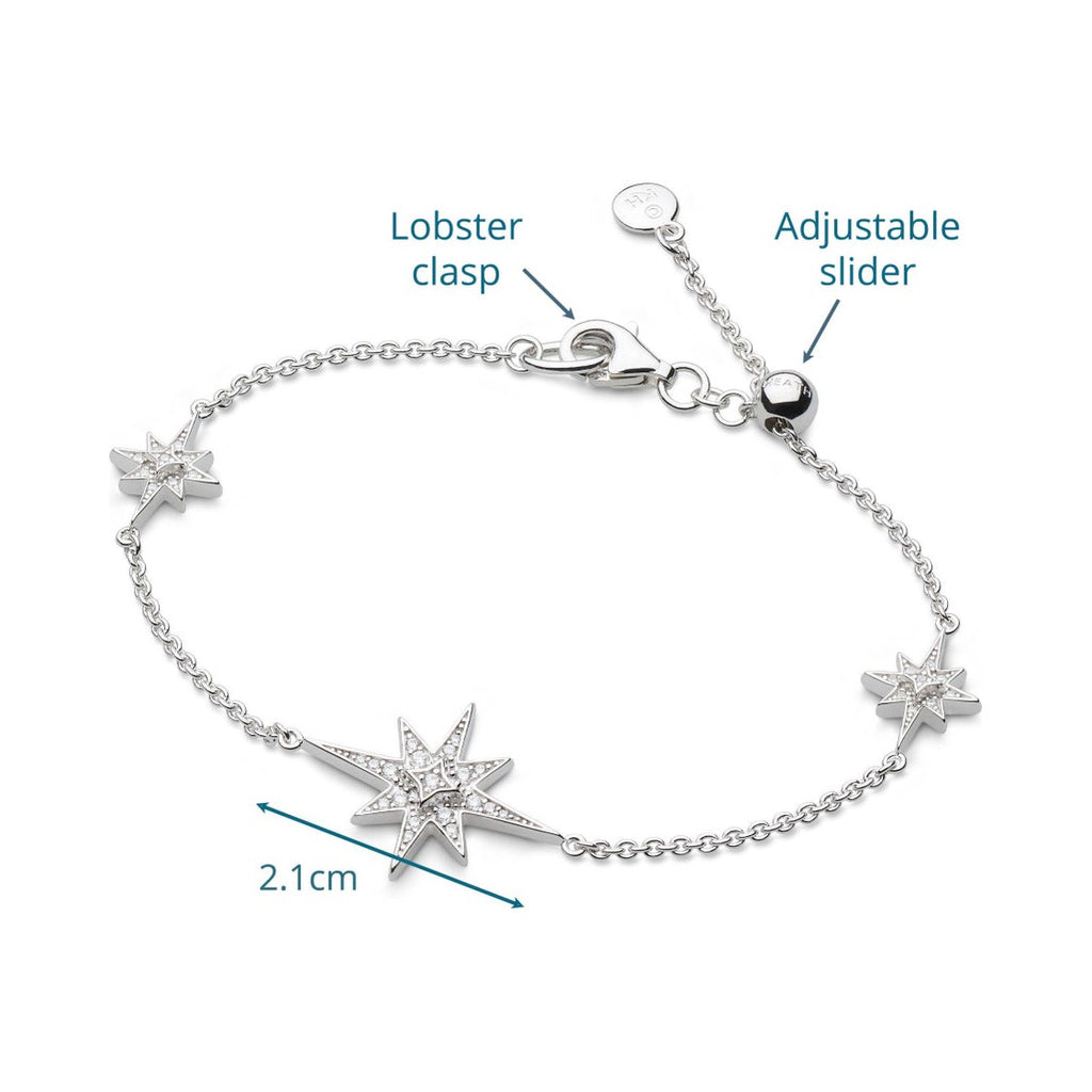 Silver bracelet with starburst charms and adjustable slider clasp.