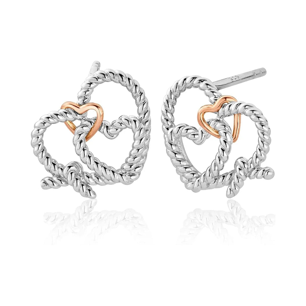 Clogau Bound Earrings: Sterling silver with rose gold hearts, showcasing Welsh gold craftsmanship and design.