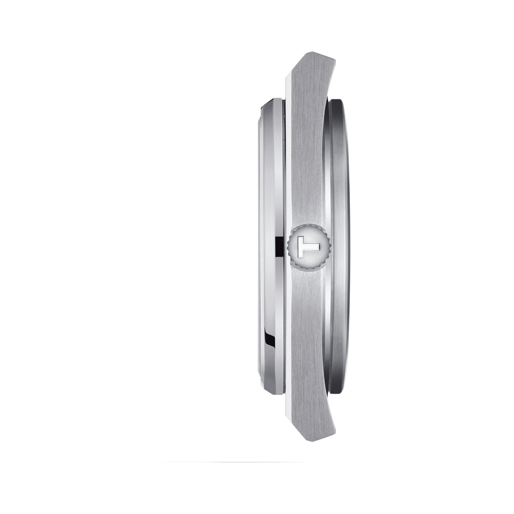 Side view of the Tissot PRX 40mm blue dial watch, showcasing its sleek case design and bracelet detail.