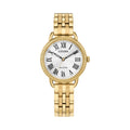 Close-up of Citizen Eco Drive gold watch showcasing roman numeral dial and gold-plated bracelet design.
