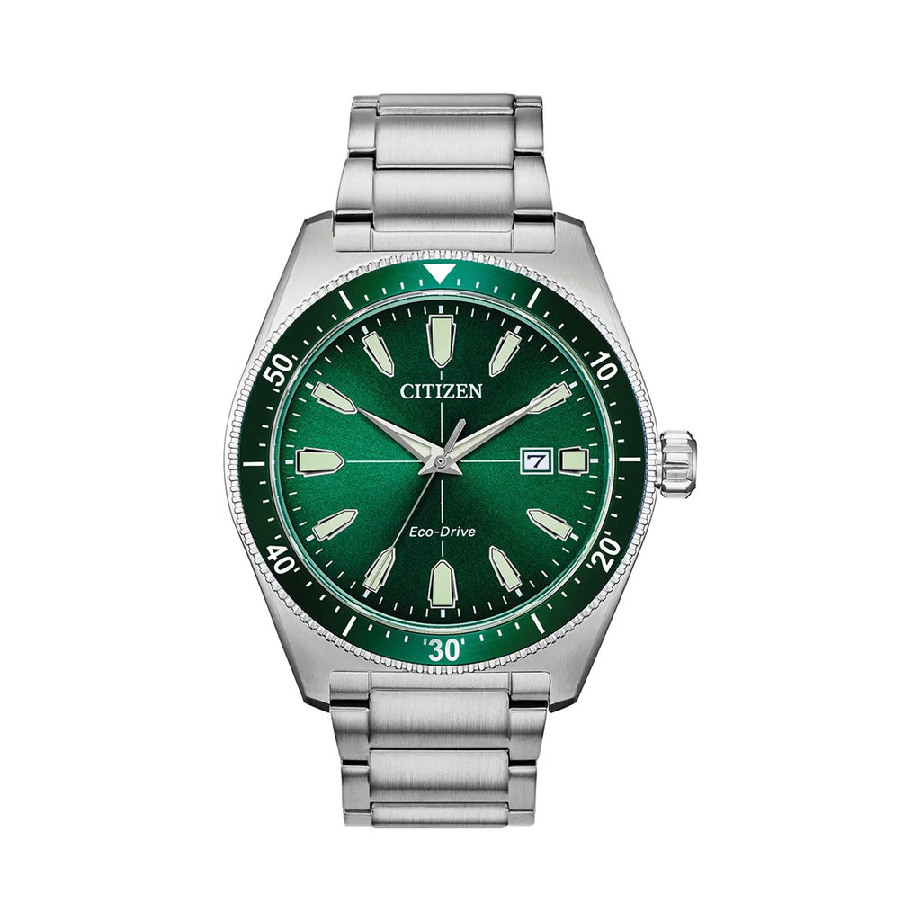 Close-up showcasing the Citizen Gents Eco-Drive watch with a green dial, date display, and stainless steel band for the