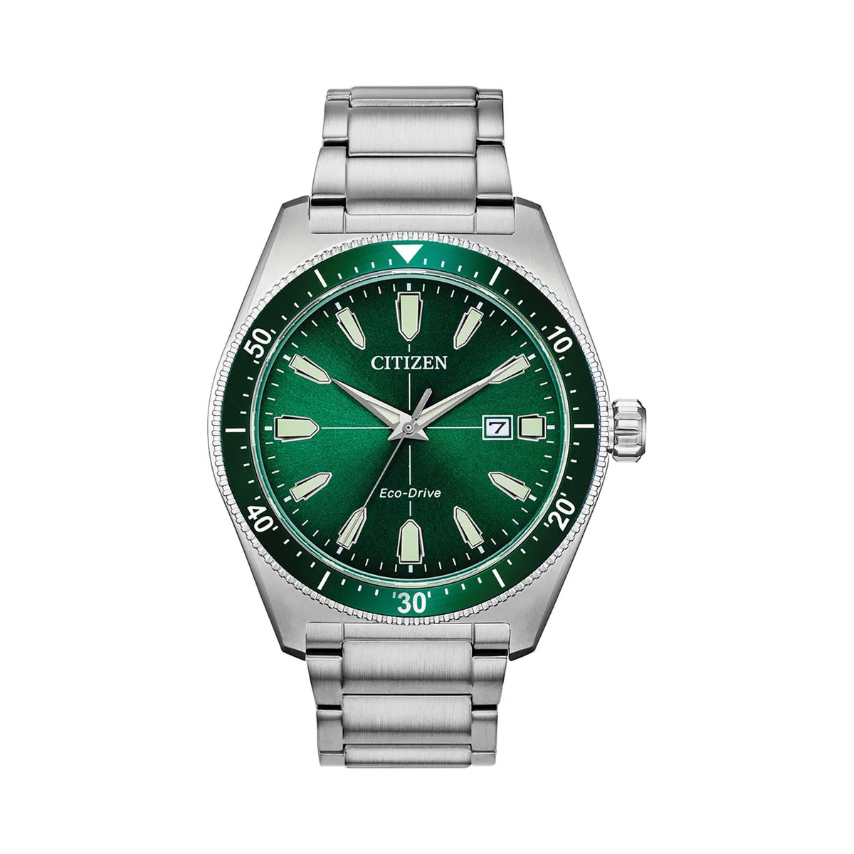 Close-up showcasing the Citizen Gents Eco-Drive watch with a green dial, date display, and stainless steel band for the