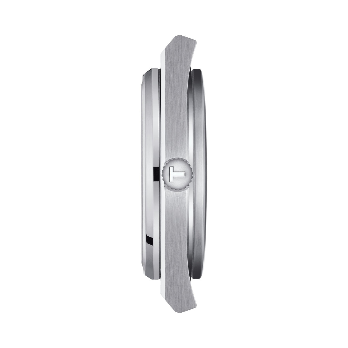 Close-up side view of the Tissot PRX Powermatic 80, showcasing the watch's stainless steel case and textured crown detail.