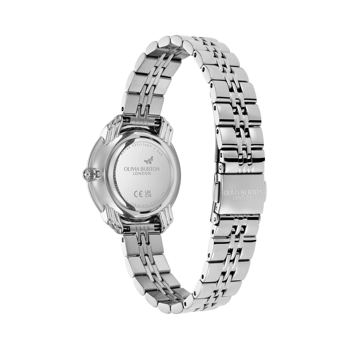 Close-up view of a silver Olivia Burton London wristwatch with a butterfly logo.
