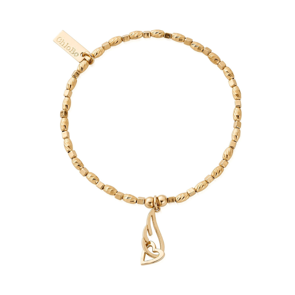 ChloBo bracelet featuring an interlocked heart and angel wing charm, showcasing unique style and craftsmanship.