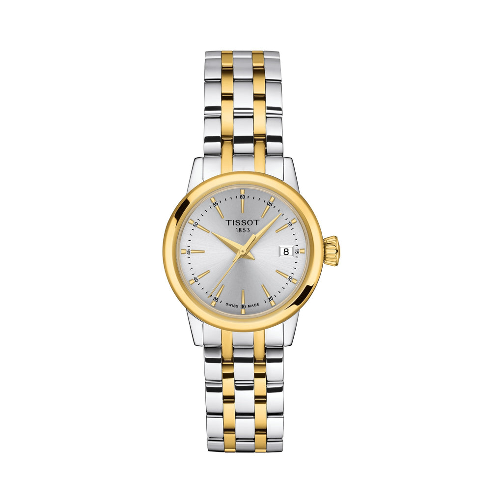 Elegant Tissot Classic Dream Lady watch displaying a stainless steel and gold-plated band with date.