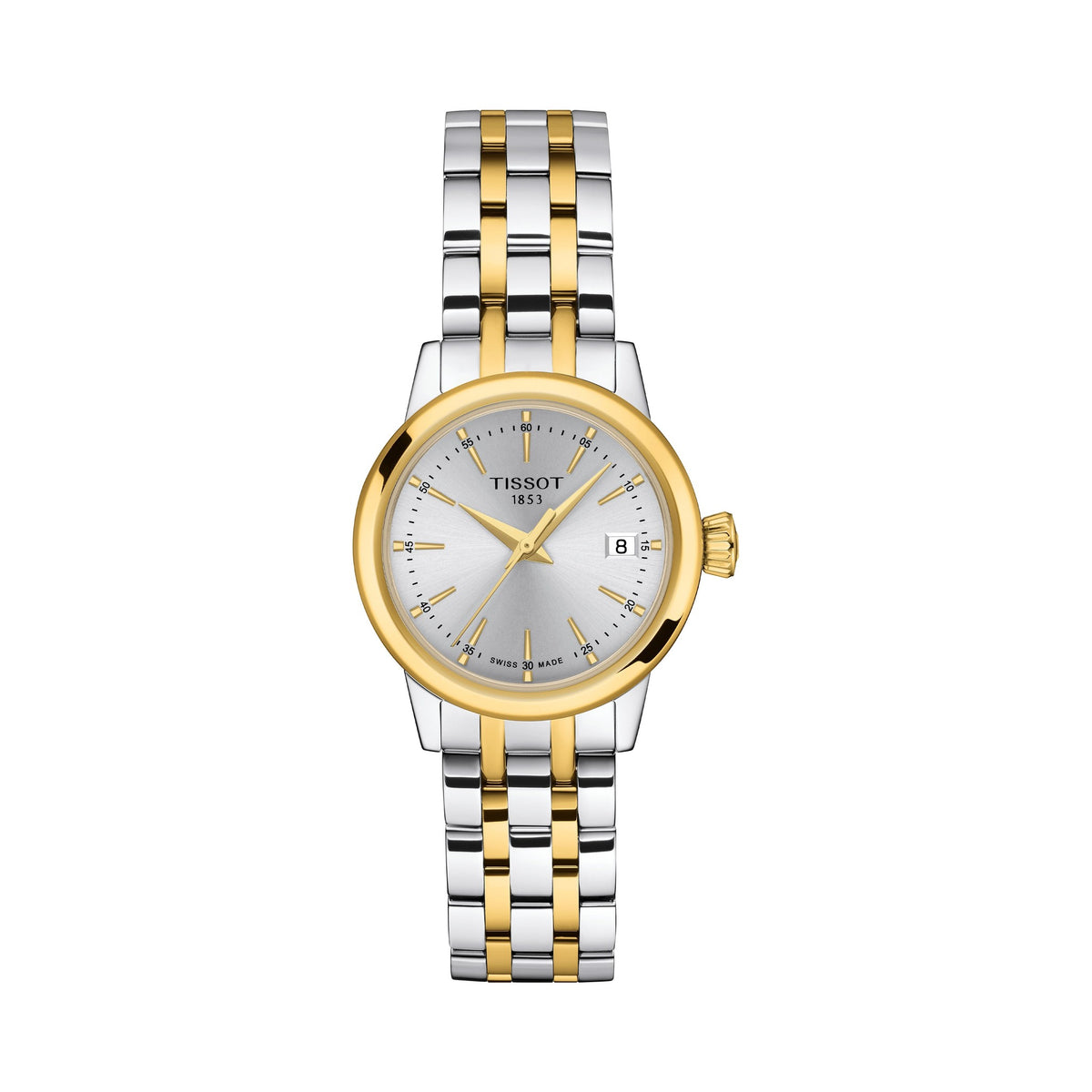 Elegant Tissot Classic Dream Lady watch displaying a stainless steel and gold-plated band with date.
