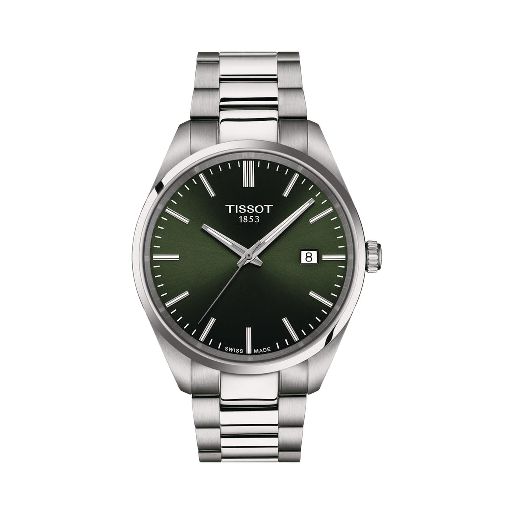 Close-up of the Tissot PR100 watch with a green dial and stainless steel bracelet, displaying the date. "Tissot 1853" on the