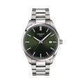 Close-up of the Tissot PR100 watch with a green dial and stainless steel bracelet, displaying the date. "Tissot 1853" on the