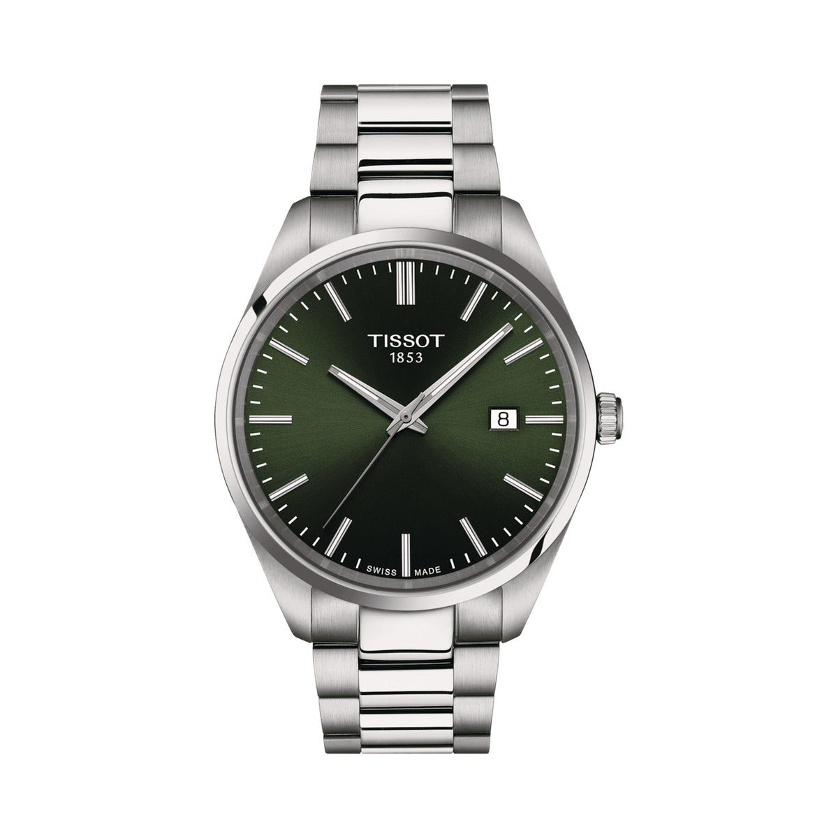 Close-up of the Tissot PR100 watch with a green dial and stainless steel bracelet, displaying the date. "Tissot 1853" on the
