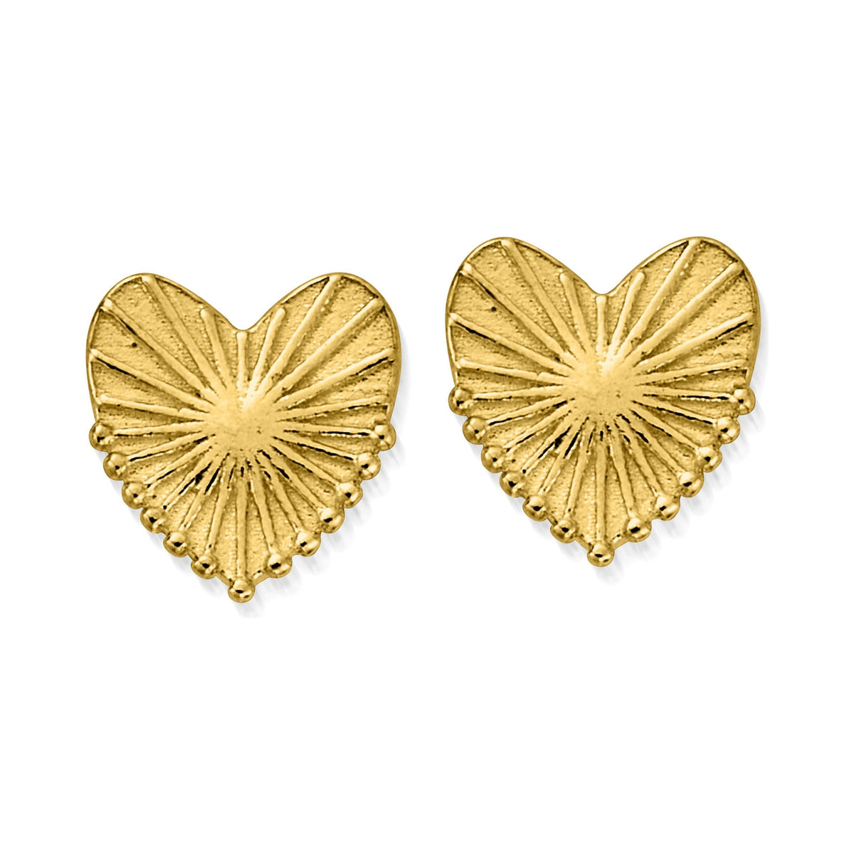 Close-up of ChloBo Glowing Beauty heart stud earrings, showcasing their radiant gold plated design & intricate detailing.
