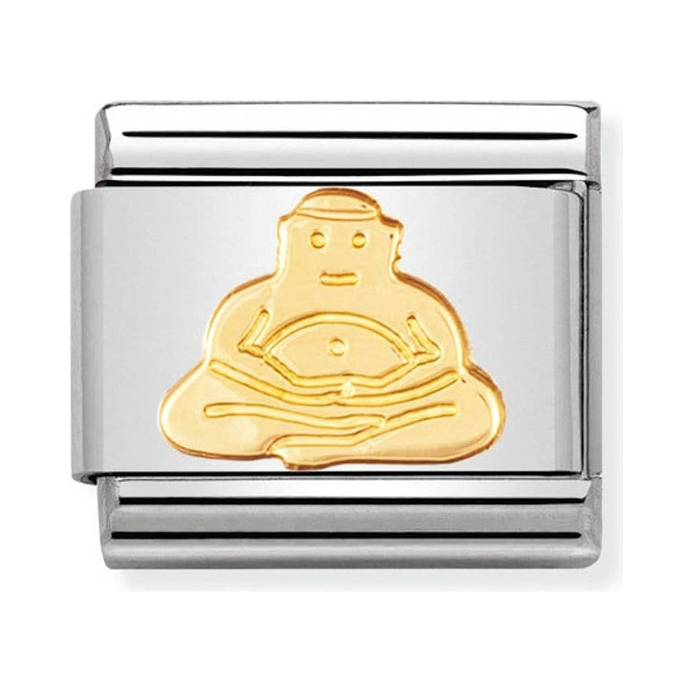 A charm bracelet link with a gold Buddha figure on a silver base.