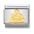 A charm bracelet link with a gold Buddha figure on a silver base.