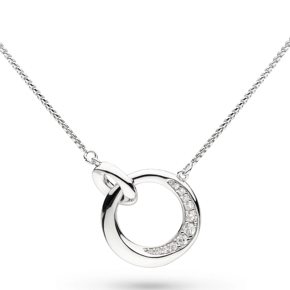 Elegant silver necklace featuring linked circle pendant with pave CZ stones, 18-inch chain; beautiful jewelry.