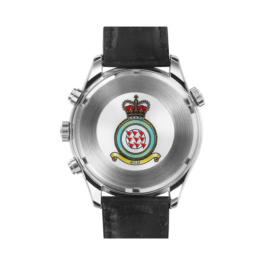 Back of Citizen Red Arrows watch showing caseback design, crown, pushers, & black leather strap detail.