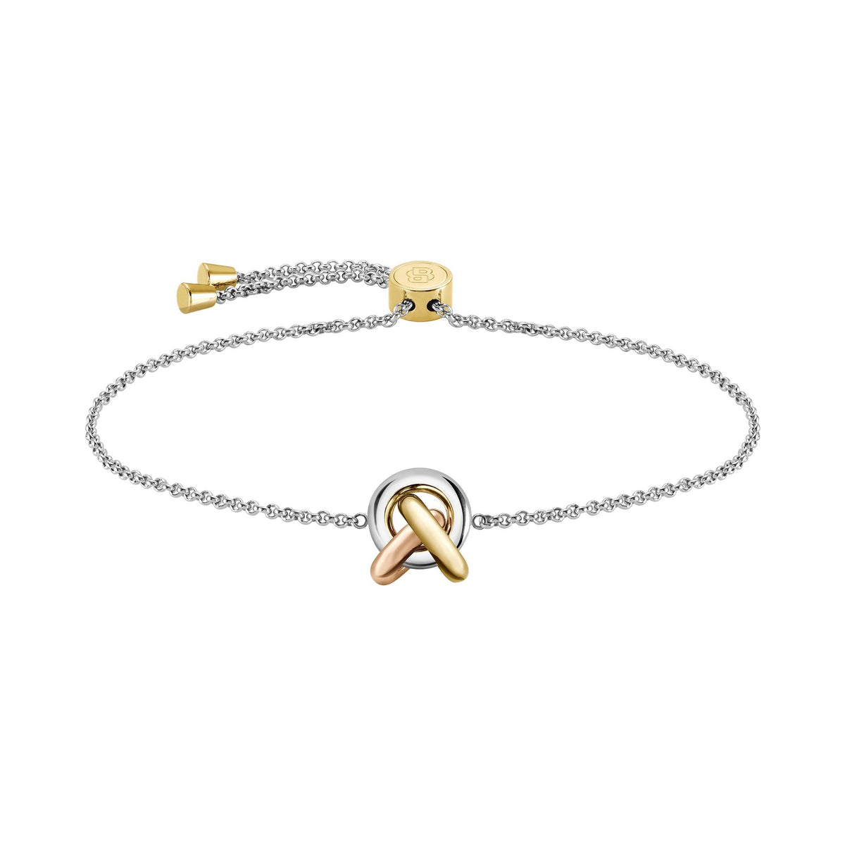 A two-tone silver and gold chain bracelet with a loop and knot center.